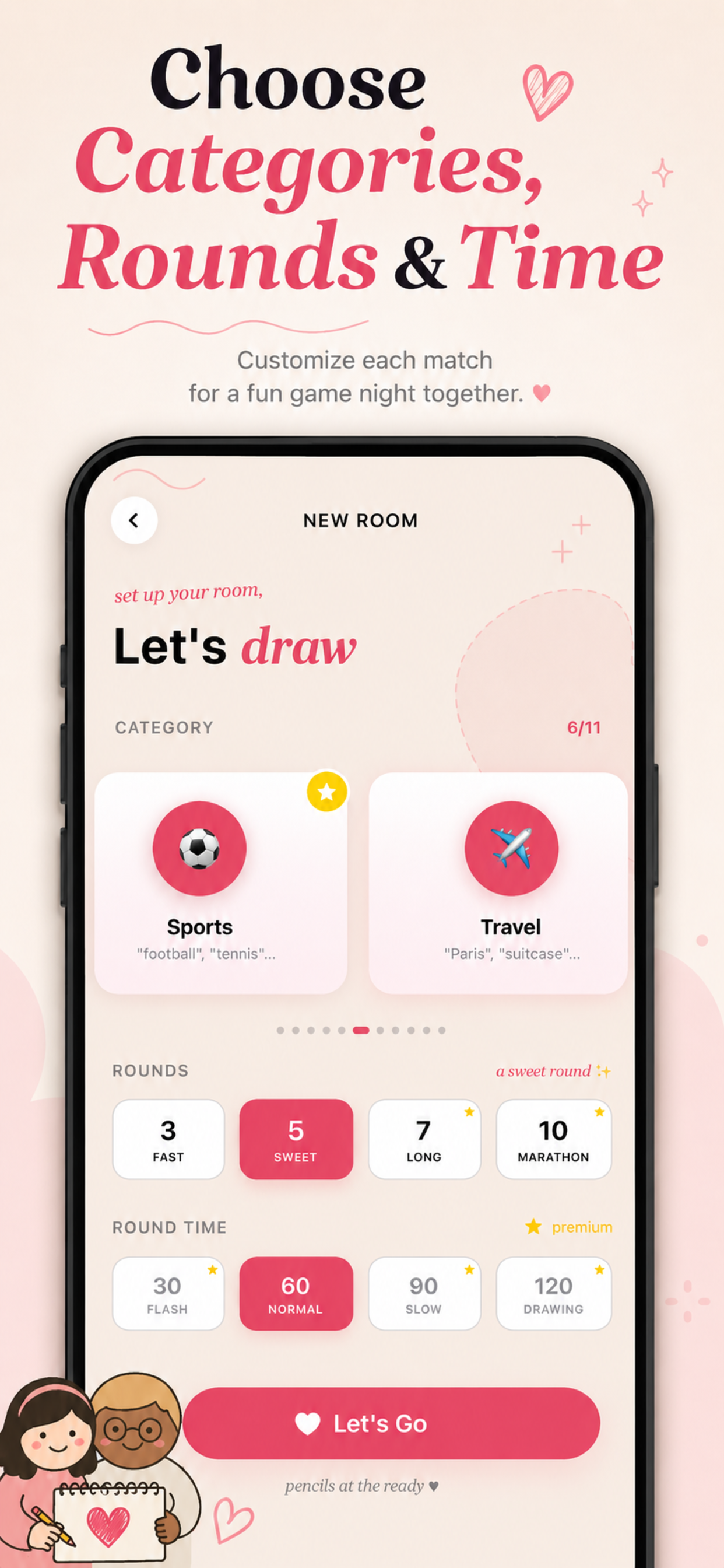 Choose categories, rounds and time – couple game setup