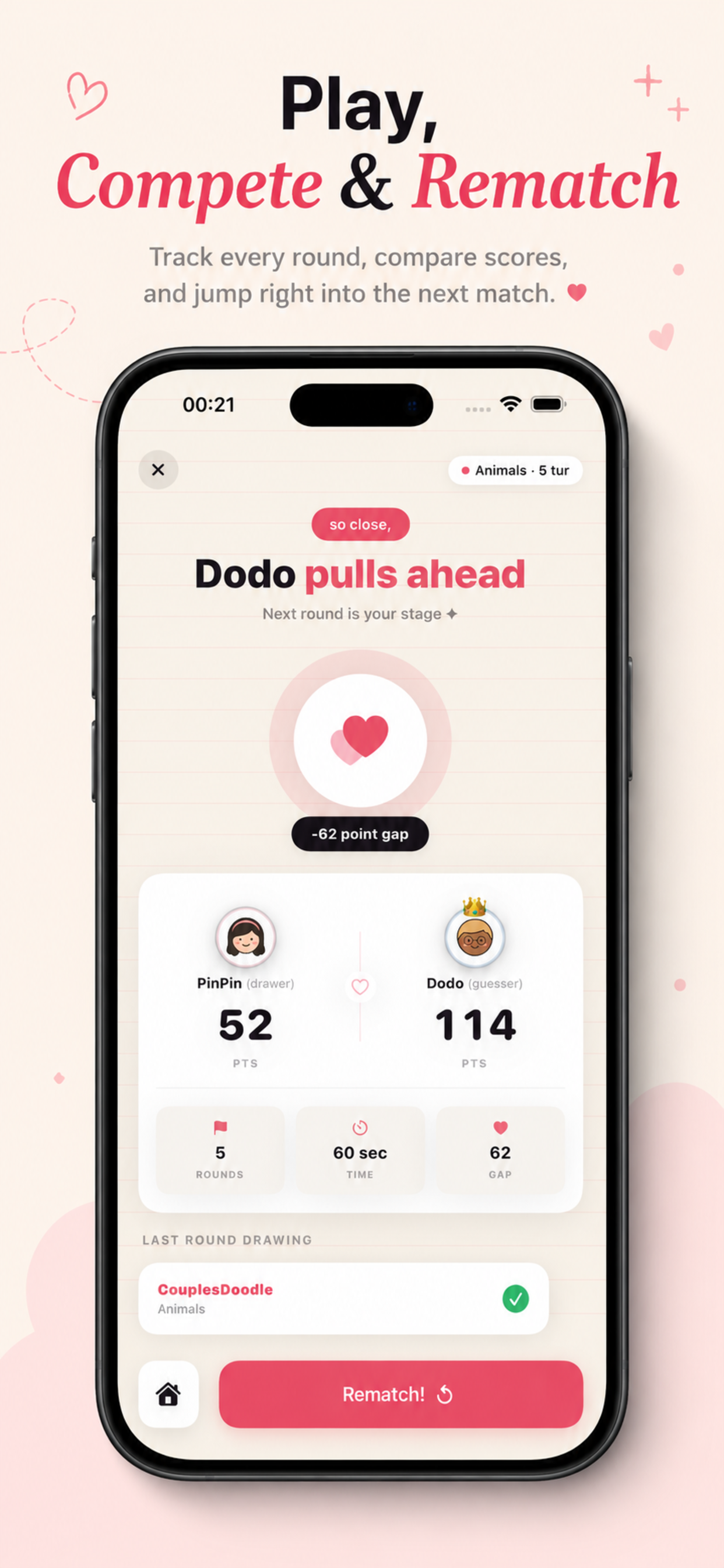 Play, compete and rematch – couple game score screen