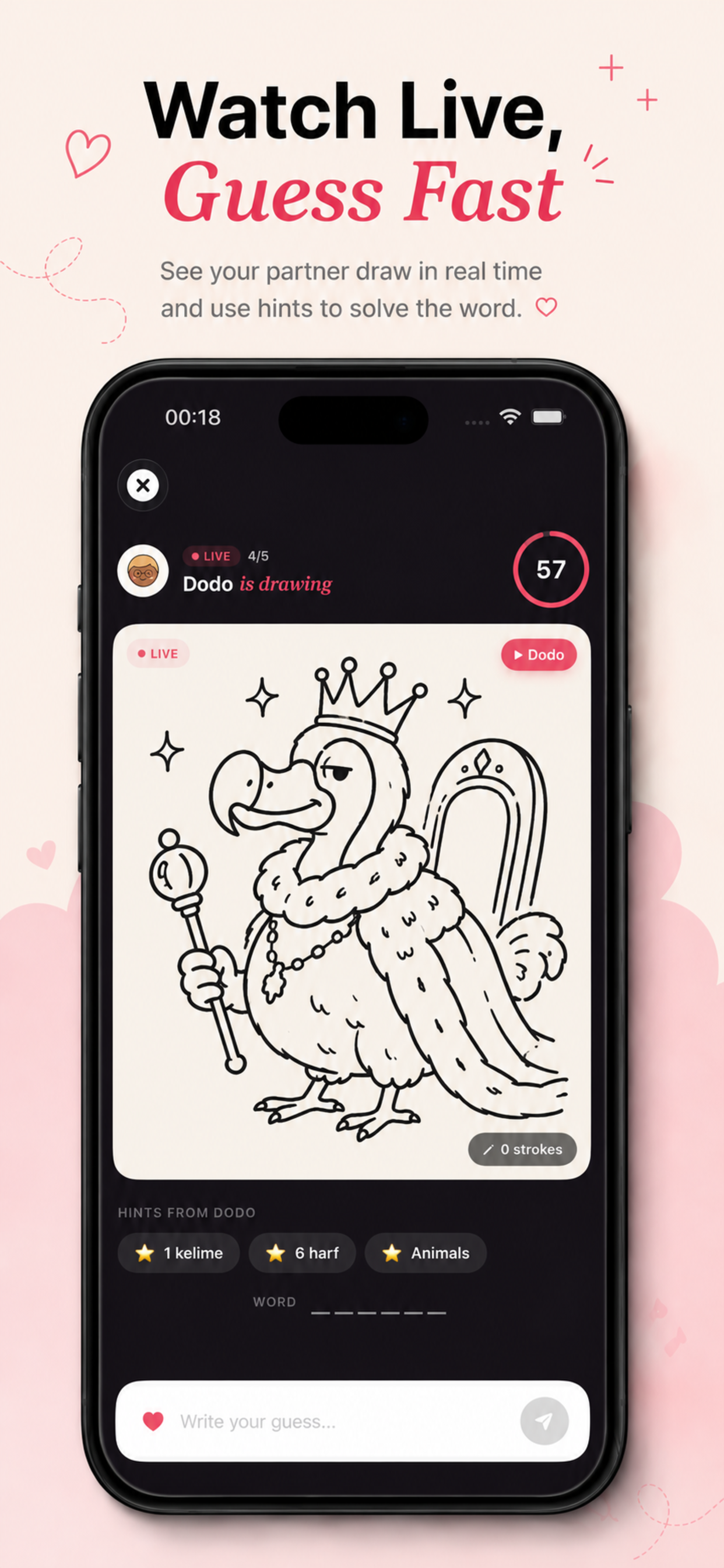 Watch your partner draw live – couple game guessing screen